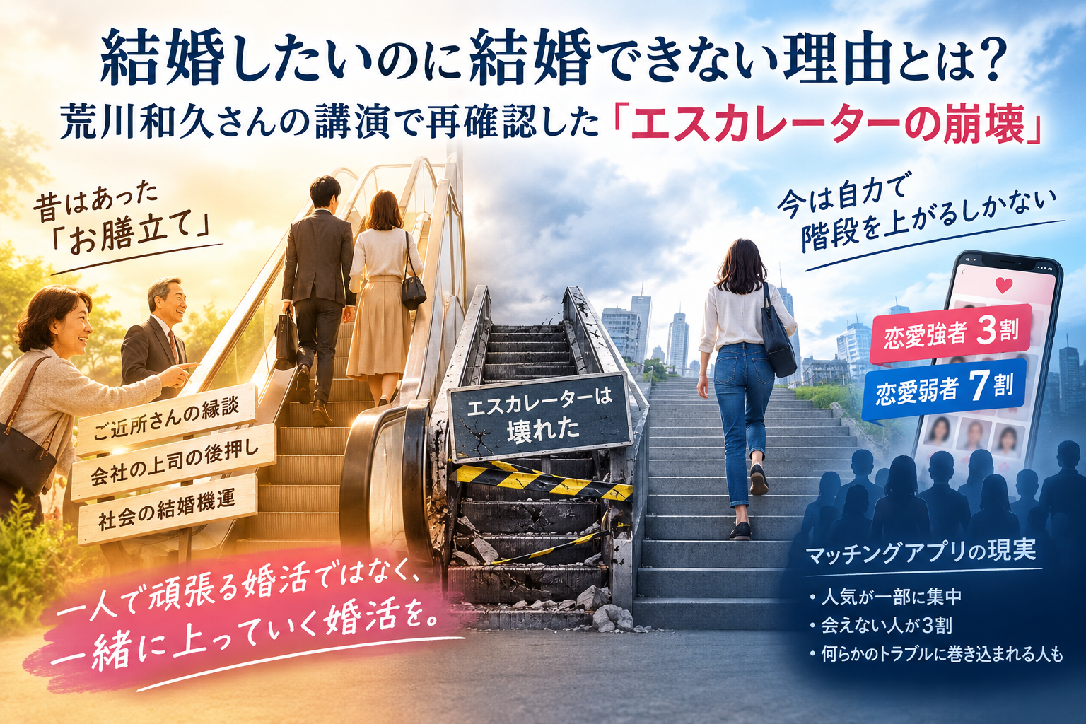 結婚したいのに結婚できない理由とは?荒川和久さんの講演を聞き、未婚化・非婚化の背景と「エスカレーターの崩壊」について考えました。