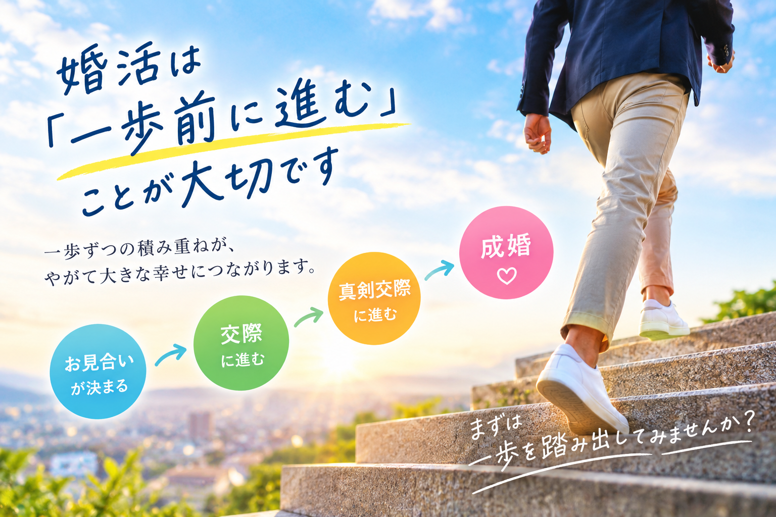 婚活は一歩前に進むことが大切 成婚につながる活動の進め方
婚活は一気に成婚するものではありません。お見合い、交際、真剣交際と一歩ずつ進むことの大切さをお伝えします。