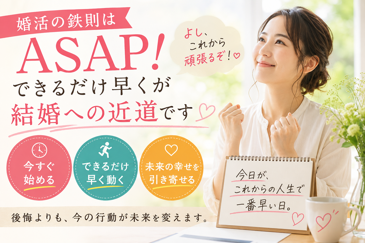 婚活はASAP!「できるだけ早く」が結婚への一番の近道 婚活はASAP!「できるだけ早く」が結婚への一番の近道。婚活では後悔よりも今の行動が未来を変えます。結婚を早く引き寄せる考え方をお伝えします。