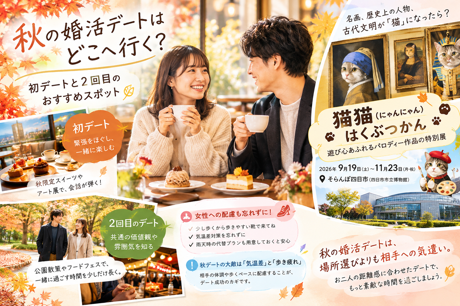 婚活の秋デート完全ガイド!初デート・2回目の場所選びと注意点。気温差や歩き疲れへの配慮、雨の日の代替案まで、交際を深めるコツを解説します。