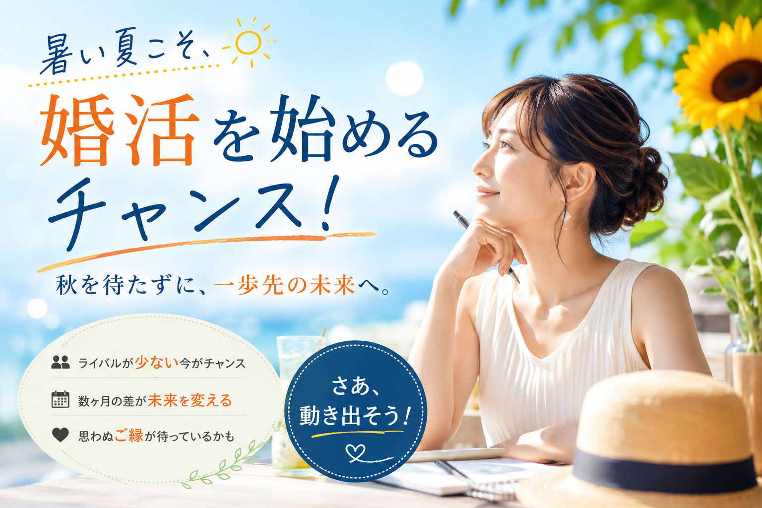 婚活はライバルが少ない夏がチャンス!秋を待たない方がいい理由 婚活はライバルが少ない夏がチャンス!秋を待たない方がいい理由。婚活市場の動きや競争の少ない時期を活かす考え方、一歩先に進むためのポイントをご紹介します。