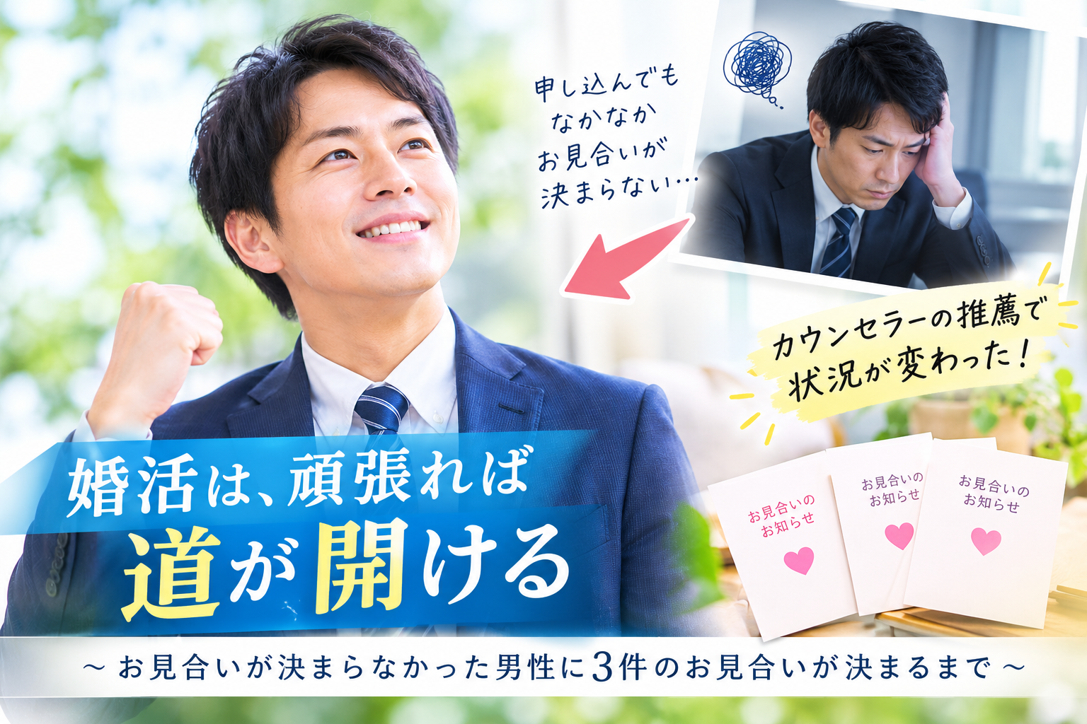 婚活でお見合いが決まらない男性へ 3件のお見合い成立につながった活動方法。積極的に申し込んでも結果が出ない男性会員様が、推薦を取り入れて状況を変えた実例をご紹介します。